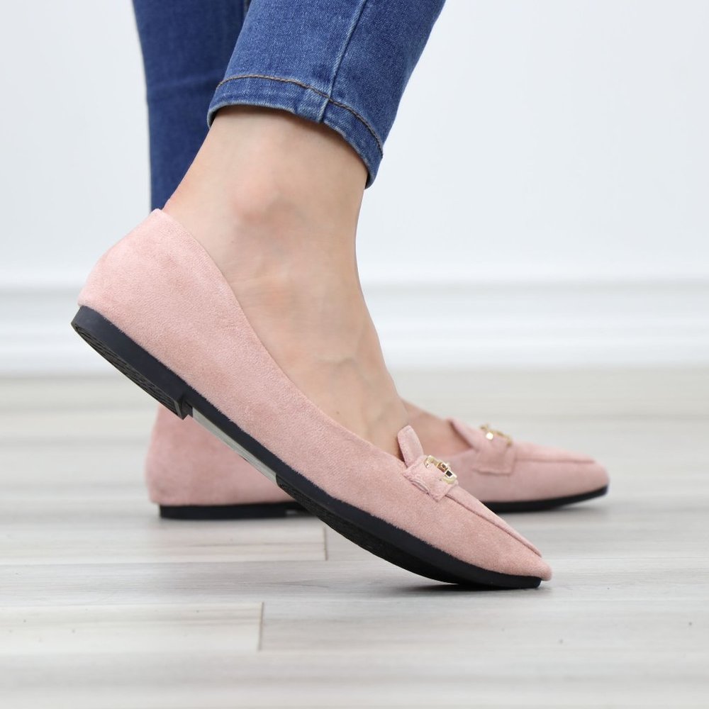 Pink Faux Suede Pointed Toe No Heel Flat Loafers Shoe Gold Accent Decor Slip On - Picture 7 of 14